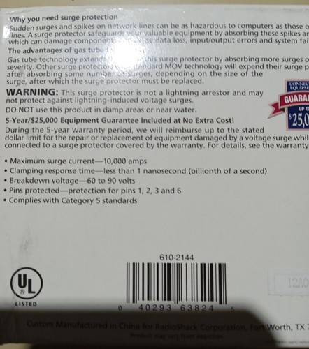 10/100 Base-T LAN Network Surge Protector NEW Radio Shack (New Open Box) - Afbeelding 3 van 3