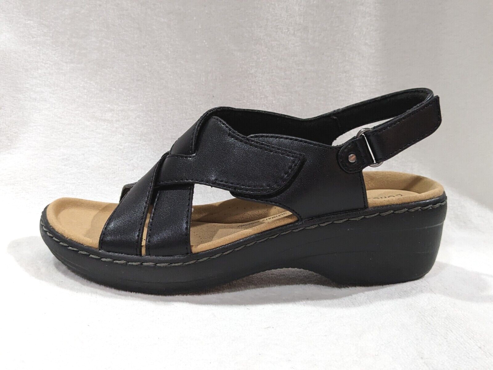 Clarks Women's Merliah Echo Black Leather Wedge Sandals Size 8.5 NWB