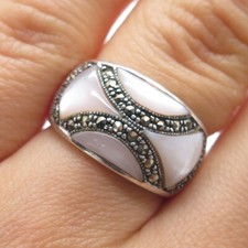 925 Sterling Silver Vintage Real Mother-of-Pearl  Marcasite Ring Size 6.75