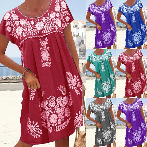Womens Plus Size Baggy Loose Print Dresses Summer Beach Tunic T-Shirt Midi Dress