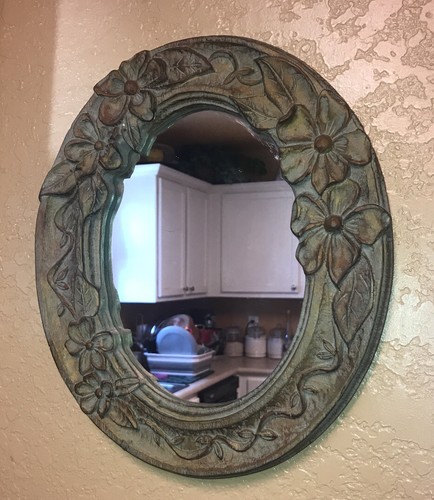 Ceramic Antiqued Look Oval Mirror Light Brown w Dusting Of Green Floral 11”x13” - Picture 3 of 9