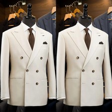 Formal Men's Suits Double Breasted Beige Wedding Groom Tuxedo Jacket Pant 2Pcs