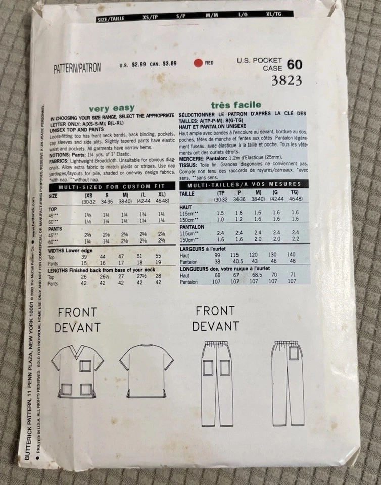 SEE & SEW 3823 Size L-XL UNISEX SCRUBS pants, top Complete - Image 2 of 2