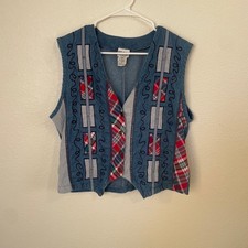 VTG Koret City Blues Petites Womens M Denim Vest Patchwork Plaid Embroidered