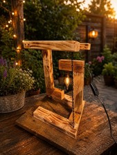 Rustic Wooden Accent Lamp Industrial  Chain Exposed Bulb