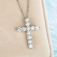 2 Ct Round Cut White Moissanite Women Cross Pendant 14K White Gold Plated