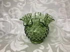 Vintage Fenton Glass Green Hobnail Ruffled Edge 4.25” Bowl Vase