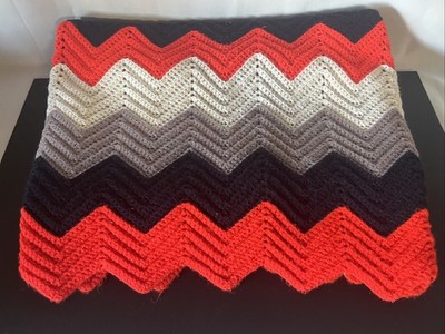 Afghan Throw Blanket Knit Crochet ZigZag Chevron Tri-Colors Handmade VTG 43 x78 