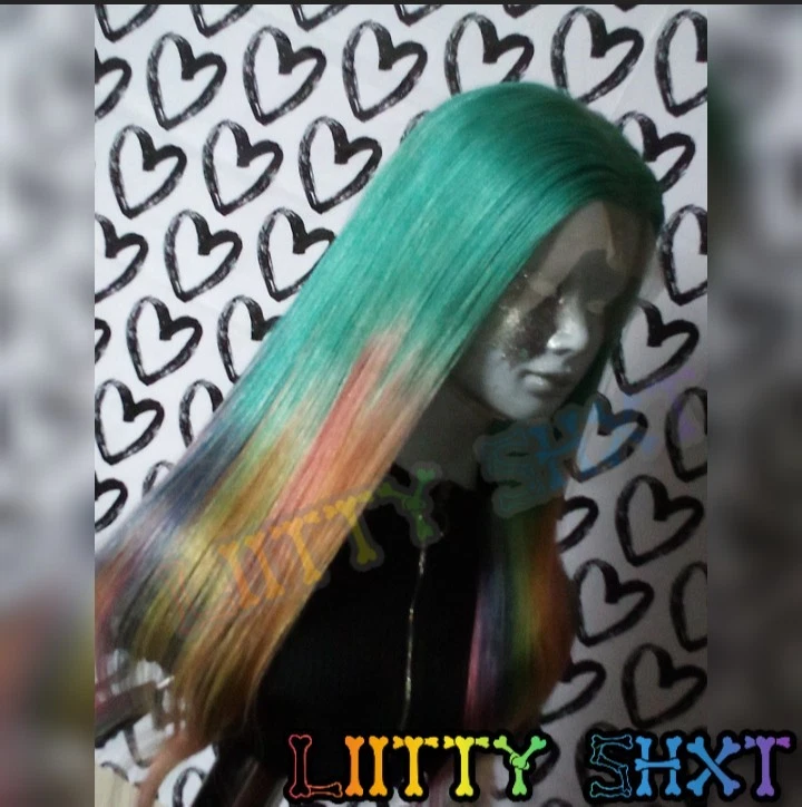 Peluca frontal de encaje 13x4 20 pulgadas 100 % cabello humano color personalizado (verde azulado arco iris fusión)🎨 Foto 4 de 4