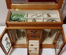Vintage Wood Jewelry Box Mini Armoire Dual Glass Door Necklace 2 Turns 5 Drawers