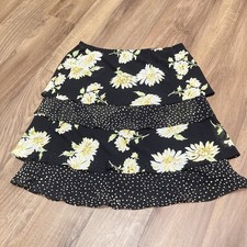 Vintage 90s Black Floral Tiered Skirt with Yellow Daisy Print Cottagecore Fairy