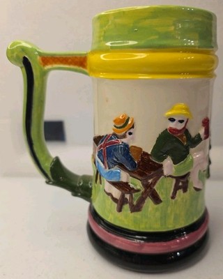 VTG Handmade Painted German Beer Mug Stein Guys Drinking