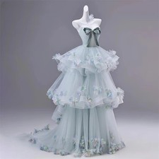 Light Green Evening Dress 3D Floral Layered Tulle Prom Dresses with Bow Party