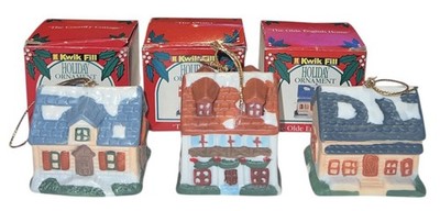 1993 Kwik Fill Set Of 3 Porcelain Ornaments Chalet Country Cottage English Home