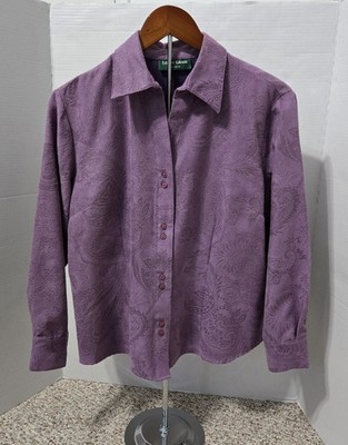 Lemon Grass Button Down Paisley Button Front Top Shirt Faux Suede Purple Large 