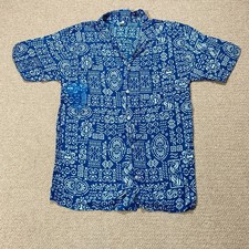 Batik Pattern Shirt Mens Small Blue Rayon Tribal Ethnic Art Geometric Thailand