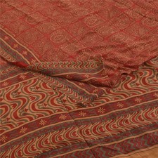 Sanskriti Vintage Saree Red Pure Crepe Silk Floral Printed Sari 6yd Craft Fabric