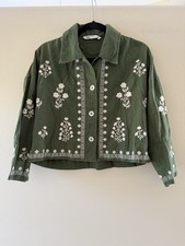 Zara Women's Green Embroidered Crop Jacket Size Medium Boho Chic Cotton Linen