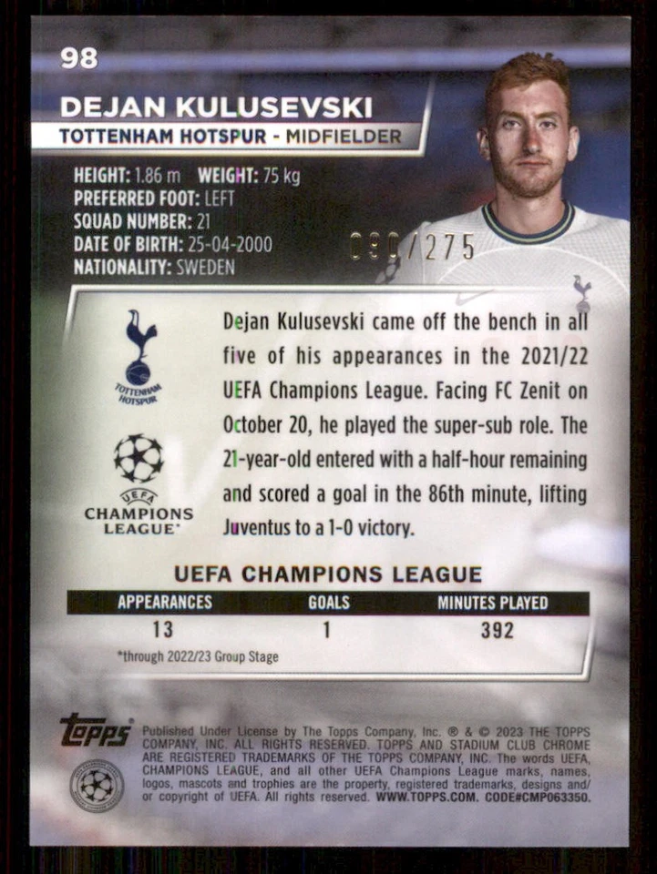 2022-23 Stadium Club Chrome UEFA Aqua Wave Refractors #98 Dejan Kulusevski /275 - Image 2 of 2