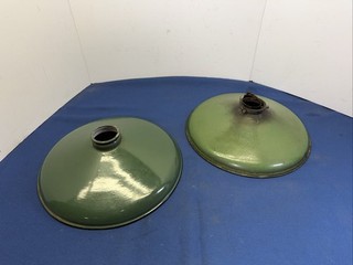 2 Vintage 12" Green/White Enamel Metal Industrial Barn Gas Station Light Shade.