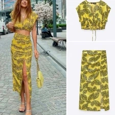 Zara Linen Blend Tropical Leaf Print 2 Piece Set Crop Top Midi Skirt Small