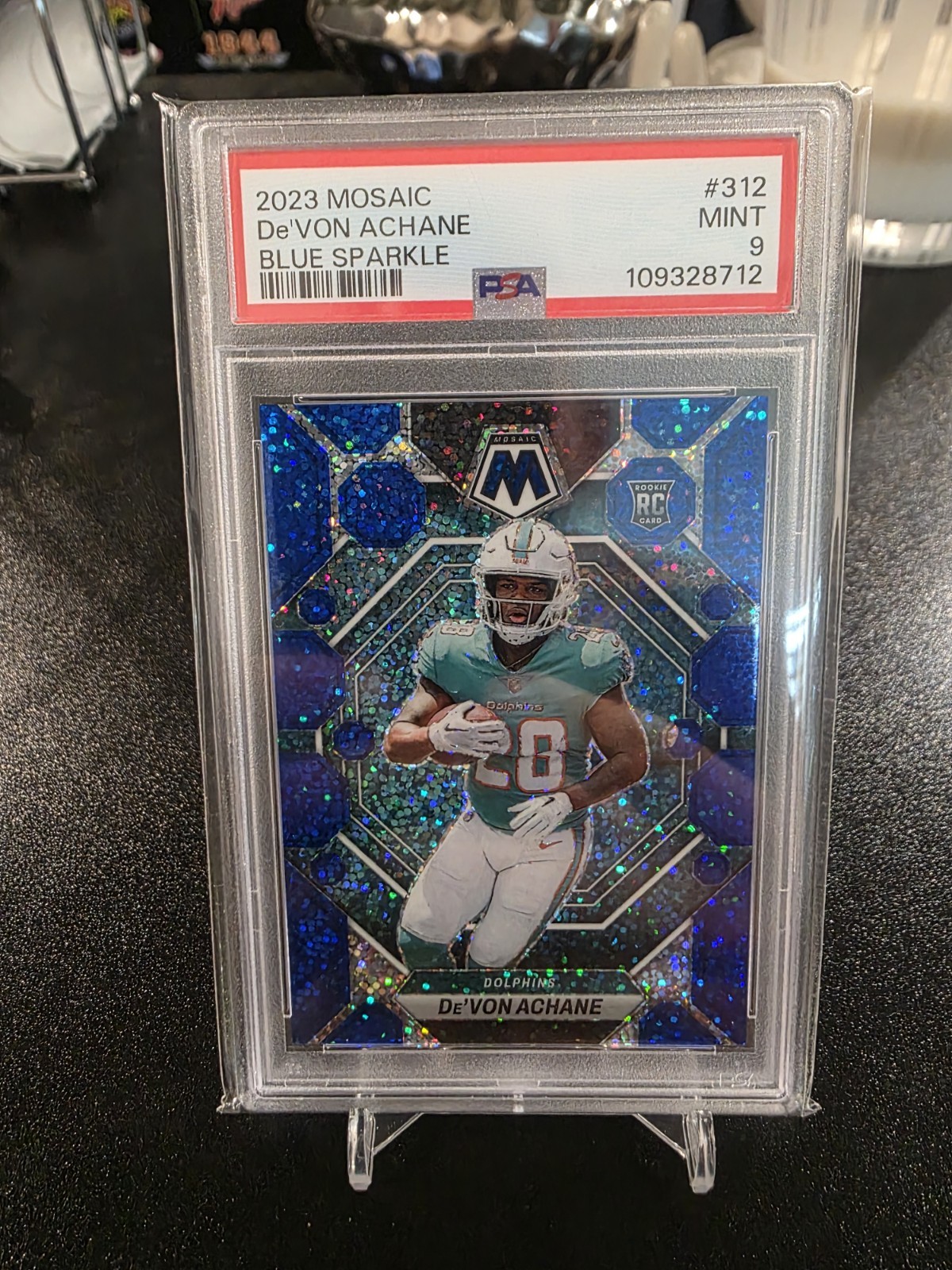 2023 Mosaic Devon Achane Blue Sparkle /96 SSP Rookie RC #312 Dolphins PSA 9 MINT