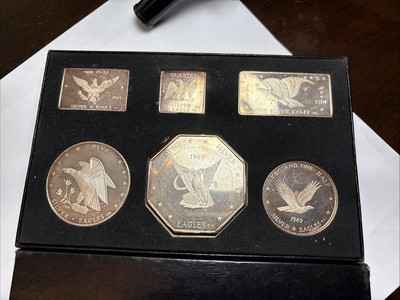 Vintage 1969 Walla Walla, Washington .999 Silver Eagle's Nest 6 Art Bar Set