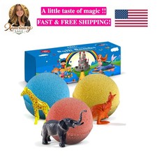 3 Handmade Kids Bath Bombs with Wild Animal Toys - Natural Fizzies Gift Set