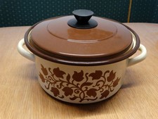 Alter Kochtopf Emaille Topf 4 l Deckel Beige Braun Blumen 70er Vintage &Oslash;22 H17cm