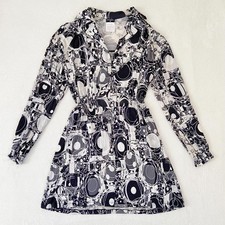 CHANEL Dress 08P Silk Mini Length Long Sleeve Black White Geometric Pattern