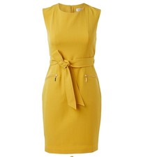 Kasper Womens 16P Mustard Yellow Sleeveless Tie Waist Sheath Dress/Zip Pockets