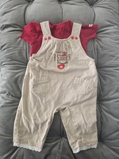 Vintage Toddler Girl Beige Bear Overall Scalloped  Pooh Red One Piece Set 6-9m