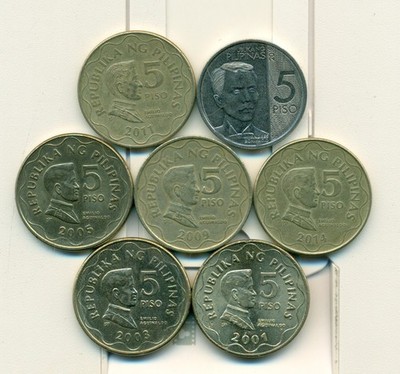 7-5 PISO COINS from the PHILIPPINES (2001, 2003, 2005, 2009, 2011, 2014 & 2018)