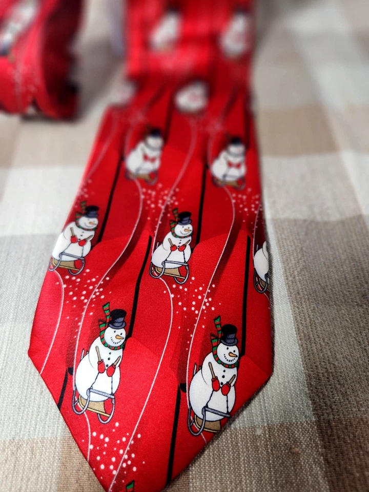 Corbata muñeco de nieve Feliz Navidad para hombre - Corbata fresca y limpia - hecha a mano vacaciones roja Foto 2 de 4
