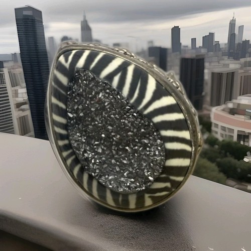 Sajen Sterling Silver Zebra Print Druzy Quartz Ring Open Work Band Size 6.5 /7