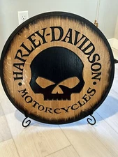 Rustic Home Bar Decor Harley Davidson Bourbon Whiskey Barrel Lid wood wall art