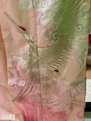 Vintage Japanese Wedding Kimono Uchikake Pink Embroidery Cranes Flowers Silk F/S - Picture 13 of 20