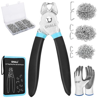 SHALL Hog Ring Pliers Kit with 600pcs (3/8  , 1/2  , 3/4  ) for Upholstery