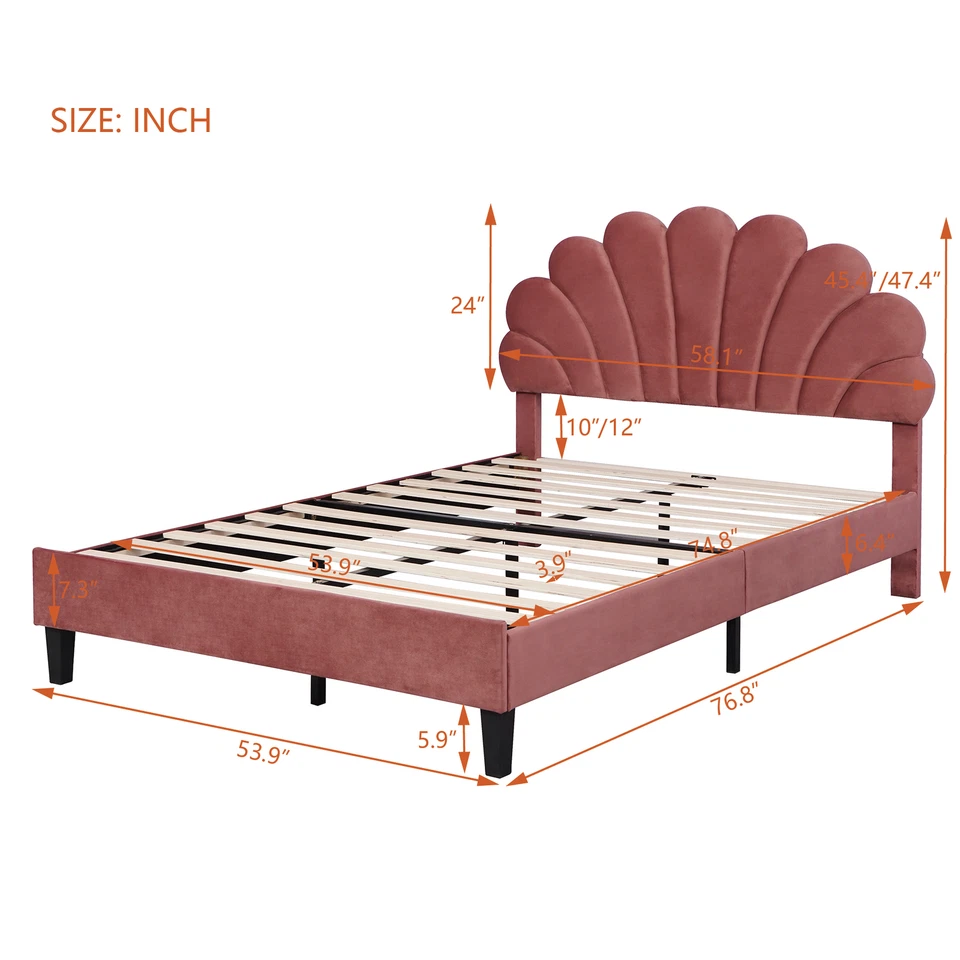 Cama plataforma tapizada tamaño completo con cabecero de terciopelo flor pasta de frijoles rojo Foto 2 de 4