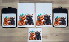 5 Pc Set  2 Towels, 2 Pot Holder, 1 Wash Cloth Highland Cow Couple DZ005-BK5pc