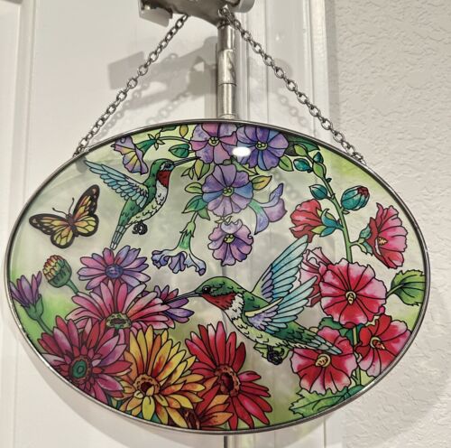 Amia Beveled Glass Large Oval Suncatcher Hand Painted Hummingbird Design