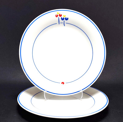 2 Riva Designs Tulips Salad Plates Minimalist Floral Blue Trim 7 5/8''