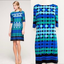 Eliza J  Blue & Green Geometric Shift Scoop Neck 3/4 Sleeve Dress Size 8