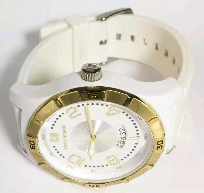 Оранжевые часы Hugo Boss 1502249 в золотом большом корпусе с белым резиновым ремешком Hb108.3.44.2318 - Изображение 2 из 4