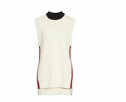 NUEVO $790 BURBERRY Mujer EE. UU. Grande Lana de Cachemira Sin Mangas Suéter Blanco Rojo/NEGRO - Imagen 10 de 12