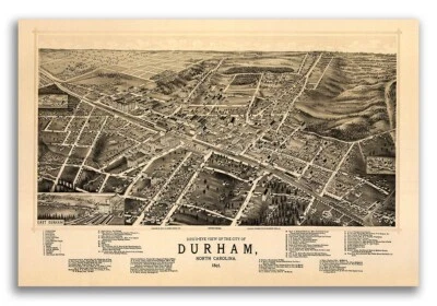 Bird's Eye View 1891 Durham North Carolina Vintage Style City Map - 16x24