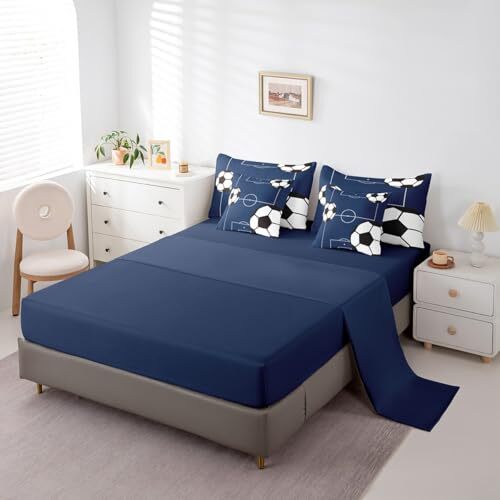 Football Bedding Set Size 7 Pieces Kids Soccer Ball Pattern for Full Navy Blue - Picture 5 of 7