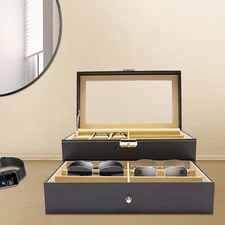Watch Box PU Case Organizer 15 Slots Sunglasses Drawer Storage And Display