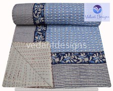 Vintage Block Print Kantha Quilt Blanket Indian Bedspread Coverlet Throw Art