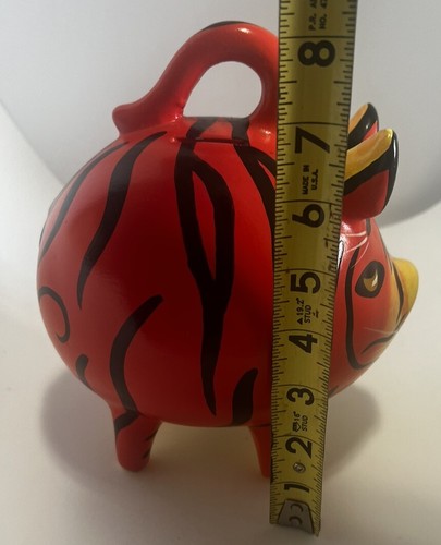 VTG Hand Painted Mexican Folk Art Clay/Ceramic Tiger Piggy Bank w/stopper EUC - Picture 9 of 10